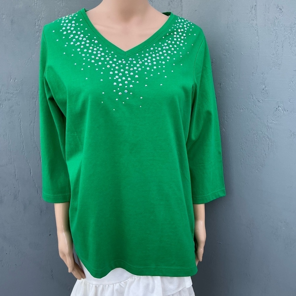 Quacker Factory Green Embellished Long Sleeve Top